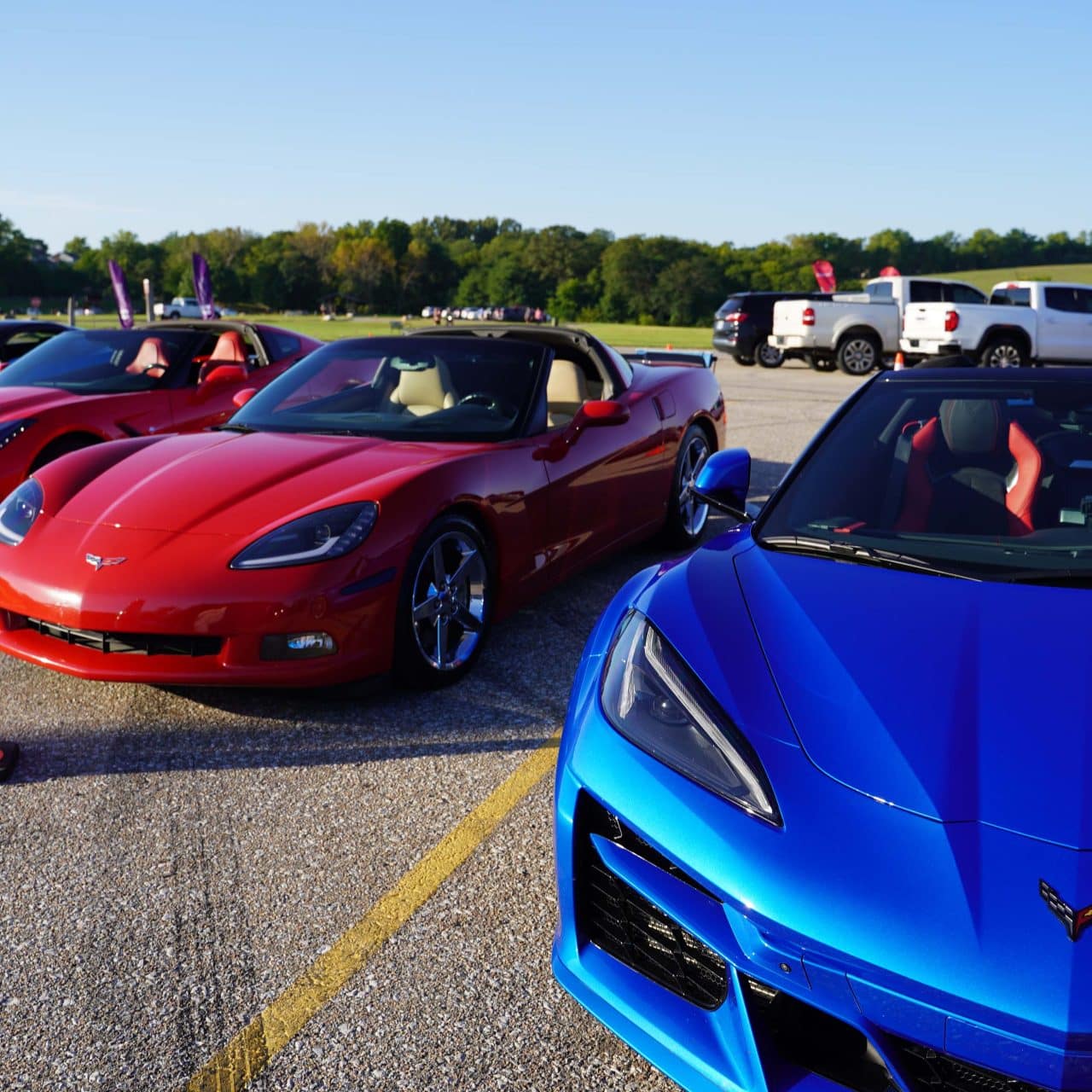 Shiny Corvettes line up in the parking lot for a small car show